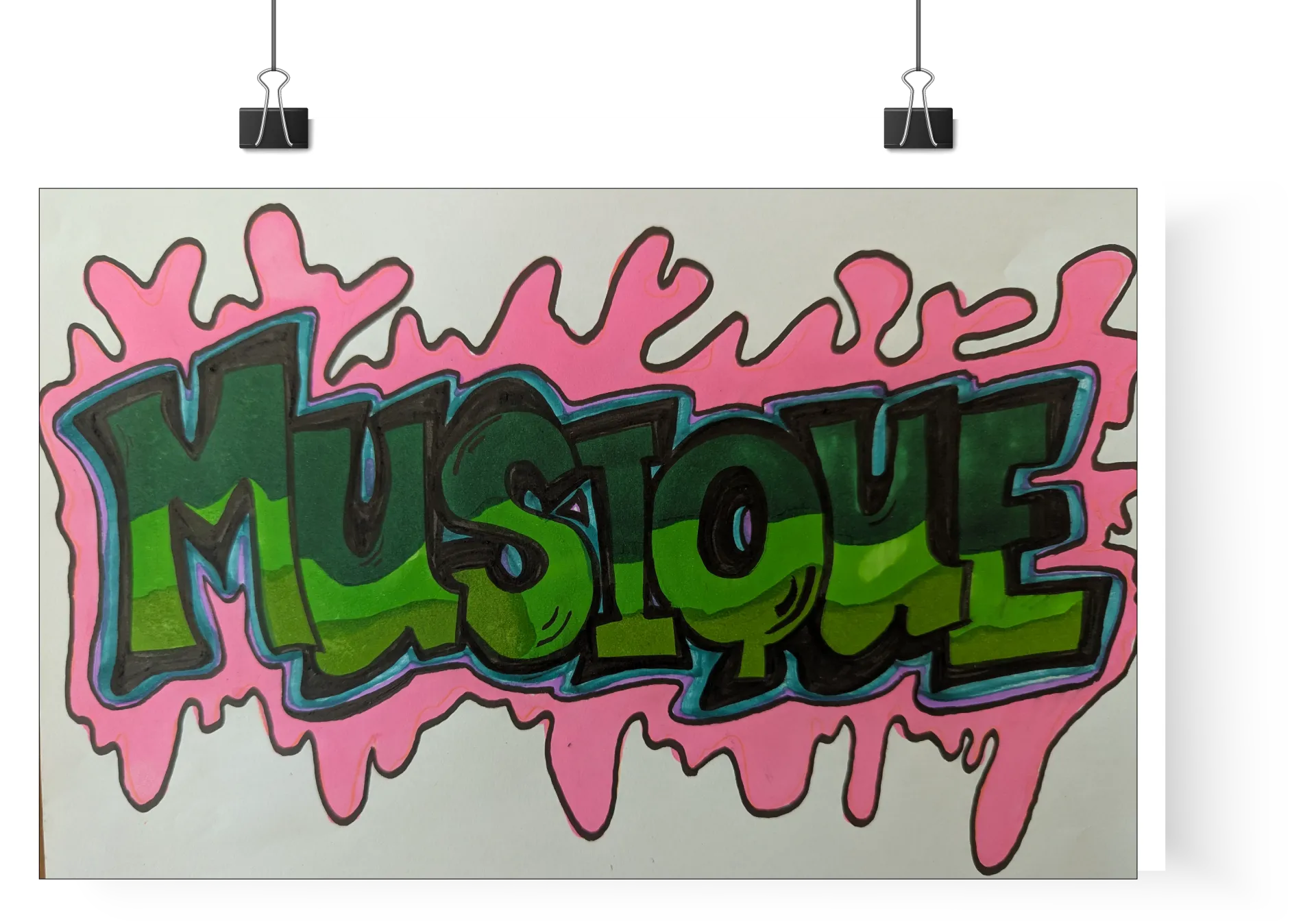 Un effet de rose dégoulinant entoure le mot « musique ».