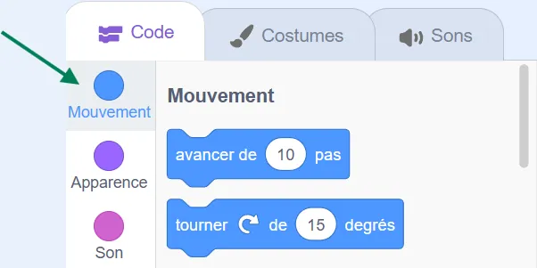Sous l’onglet Code apparaît une rangée verticale de boutons à cliquer. Le bouton Mouvement est le premier en haut.