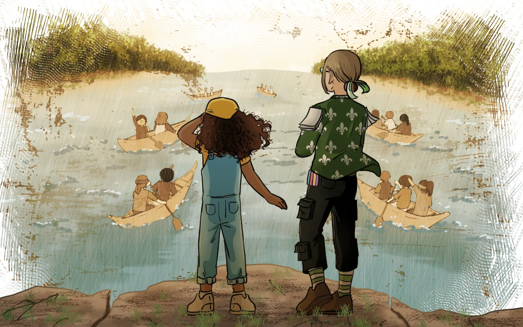 Debout sur un rocher, Lysandre et Jasmine observent des membres des Premières Nations qui font du canot dans une rivière.
