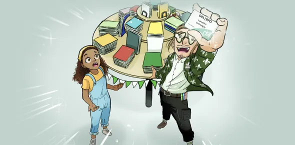 Lysandre, souriant, lève sa carte de bibliothèque en l’air. Jasmine affiche une expression ébahie. Derrière eux, il y a une table remplie de livres.