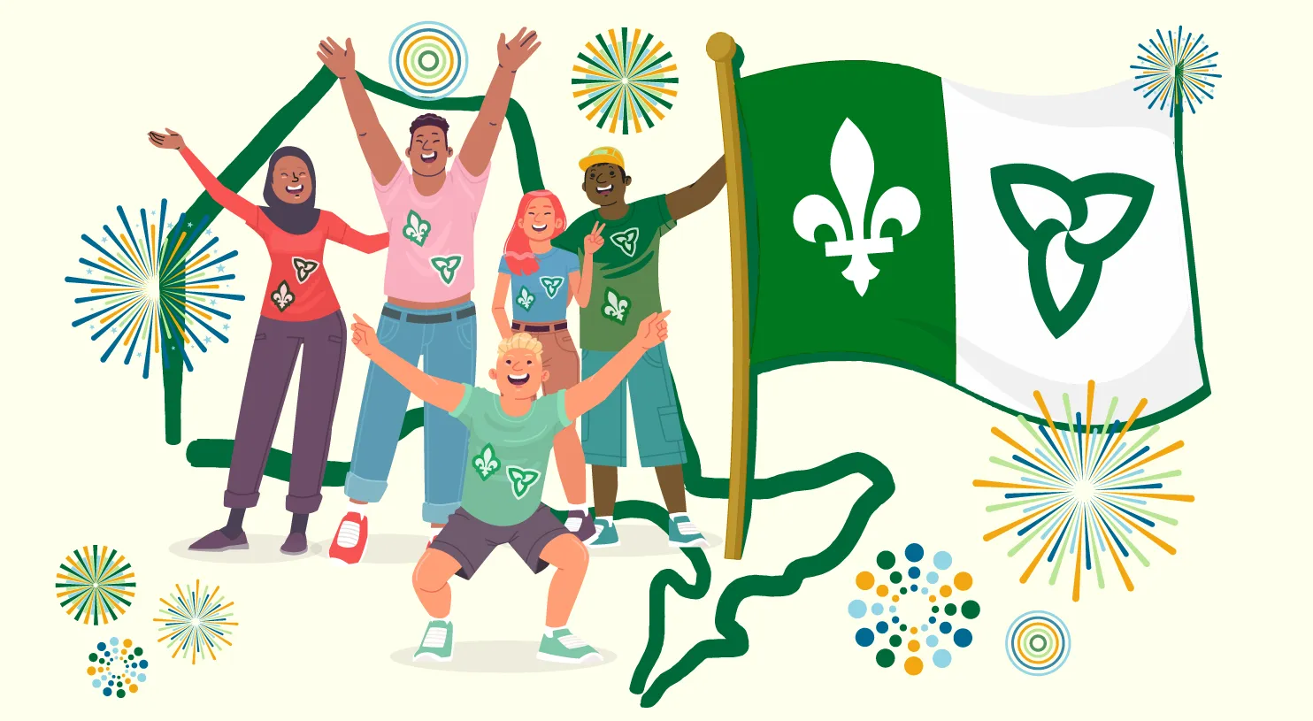 Cinq personnes d’âges et d’origines culturelles variés aux vêtements ornés de lys et de trilles, à côté d’un drapeau franco-ontarien, sous des feux d’artifice.