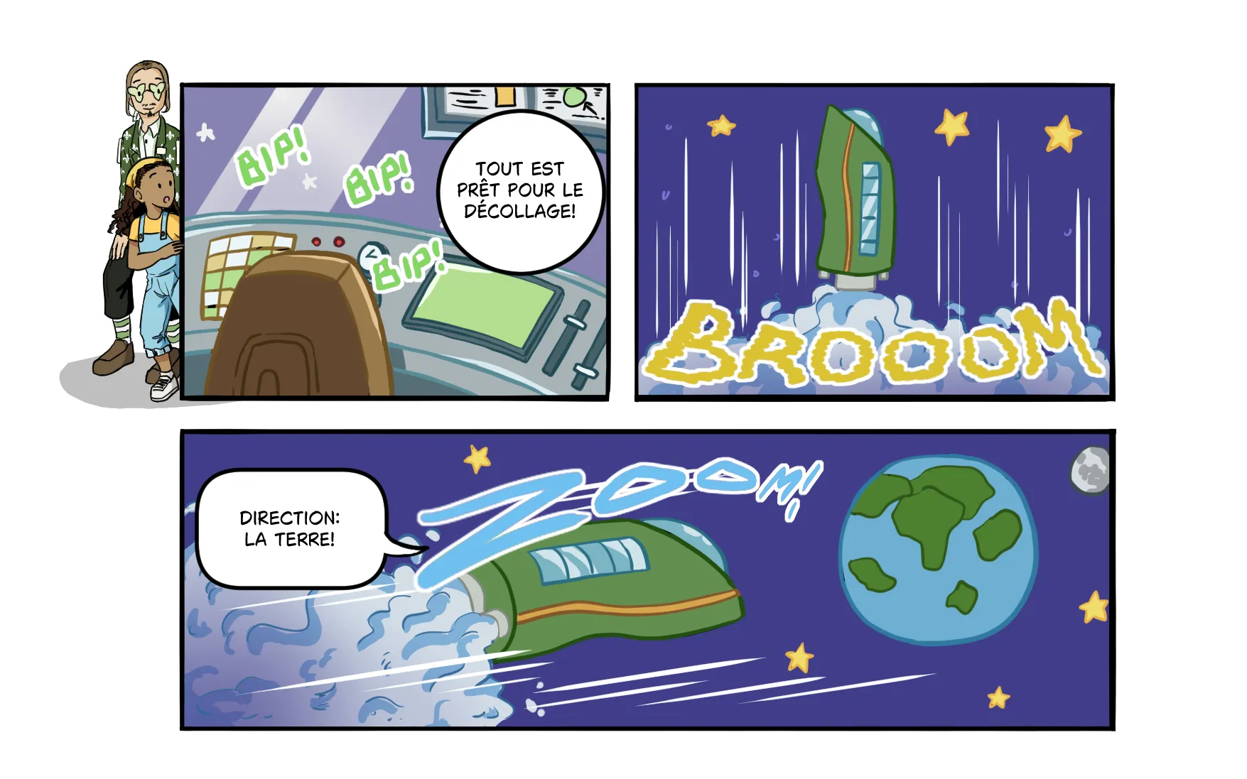 Case 1: Lysandre et Jasmine observent le panneau de commande d’un vaisseau spatial.  Case 2: Le vaisseau décolle dans le ciel nocturne.  Case 3: Le vaisseau spatial vole à toute vitesse dans l’espace en direction de la Terre.