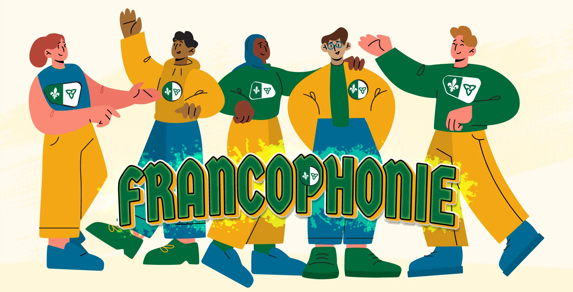 Cinq personnes d’origines culturelles variées vêtues chacune d’un chandail arborant un drapeau franco-ontarien. Le mot « francophonie » écrit en vert est écrit en grosses lettres.