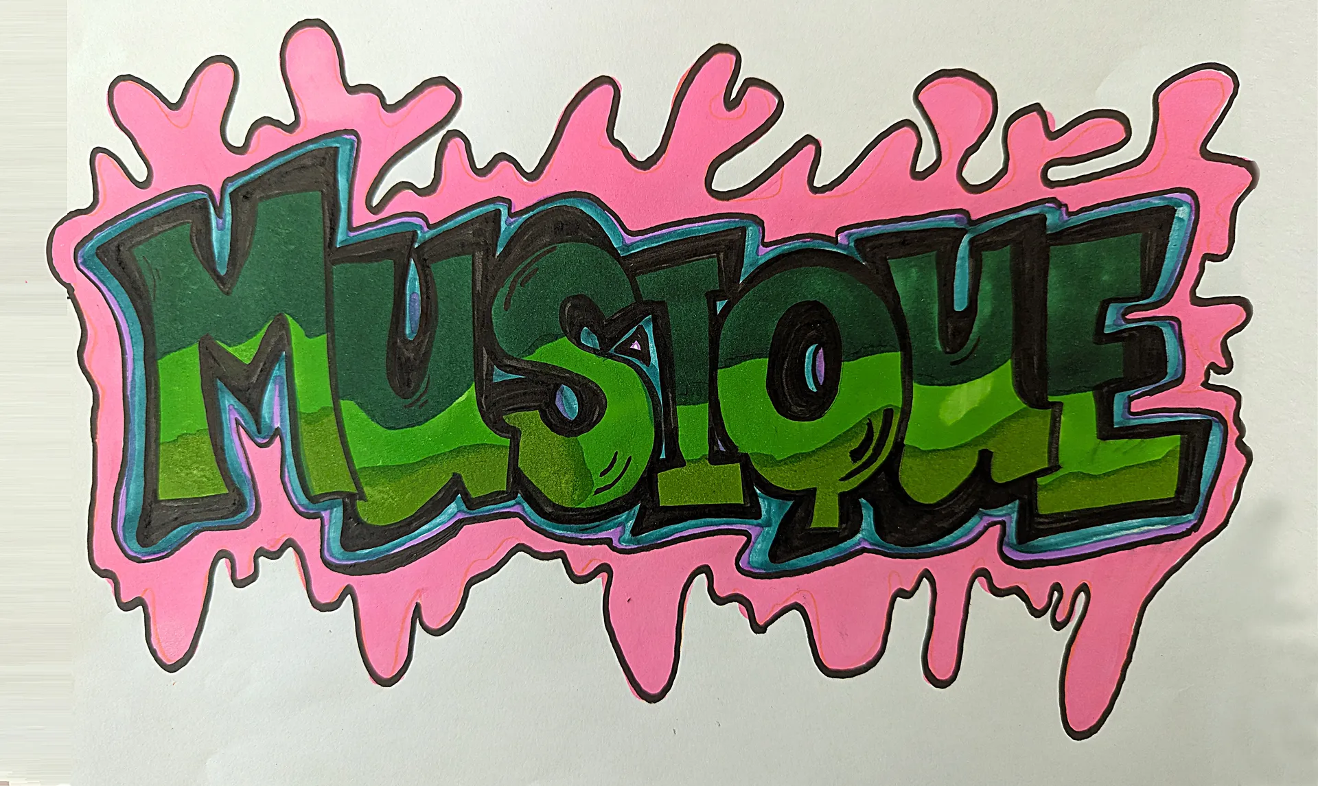 Un effet de rose dégoulinant entoure le mot « musique ».