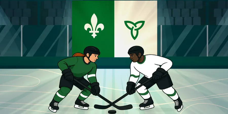 Deux personnes face à face lors d’une mise au jeu de hockey. L’une porte un jersey vert, l’autre porte un jersey blanc. À l’arrière se dresse un drapeau franco-ontarien.