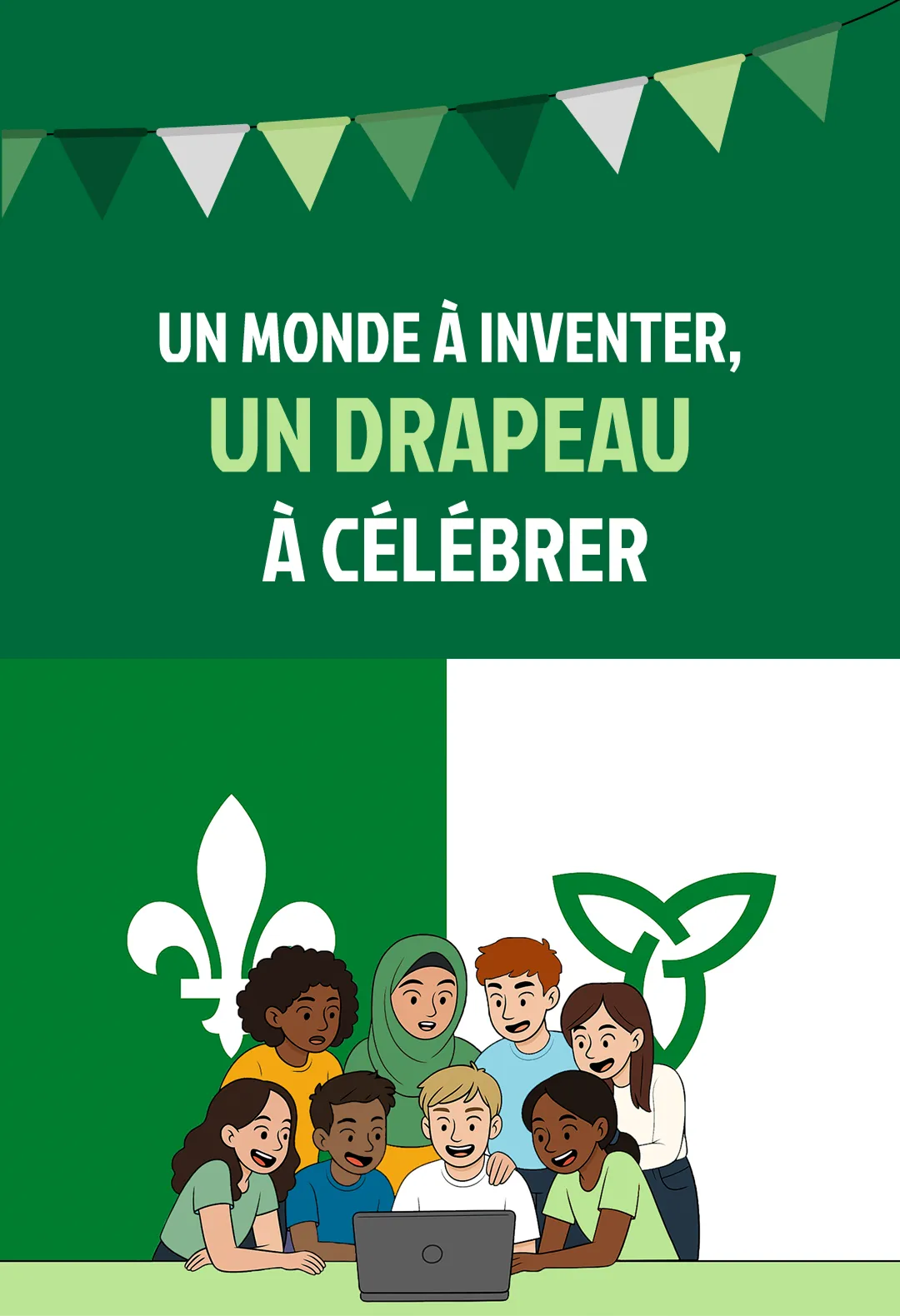 Devant un drapeau franco-ontarien, 8 personnes d’origines culturelles variées regardent un écran d’ordinateur, l’air agréablement surpris.